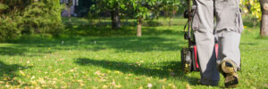 Mowing the grass with a lawn mower in early autumn.