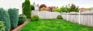 Backyard with Green Lawn and White Fence