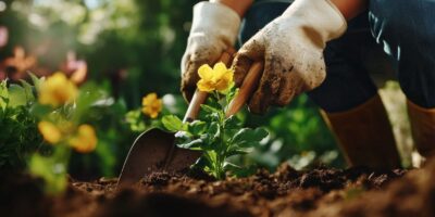 Hands wearing gloves are digging into rich soil, carefully planting seedlings among vibrant flowers in a sunny backyard setting.